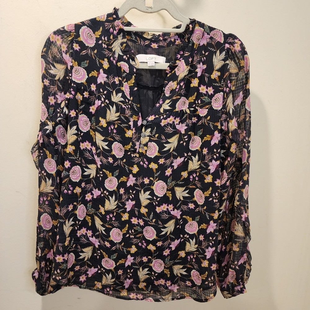 LOFT Black Floral Blouse with Pink and Yellow Accents Size M